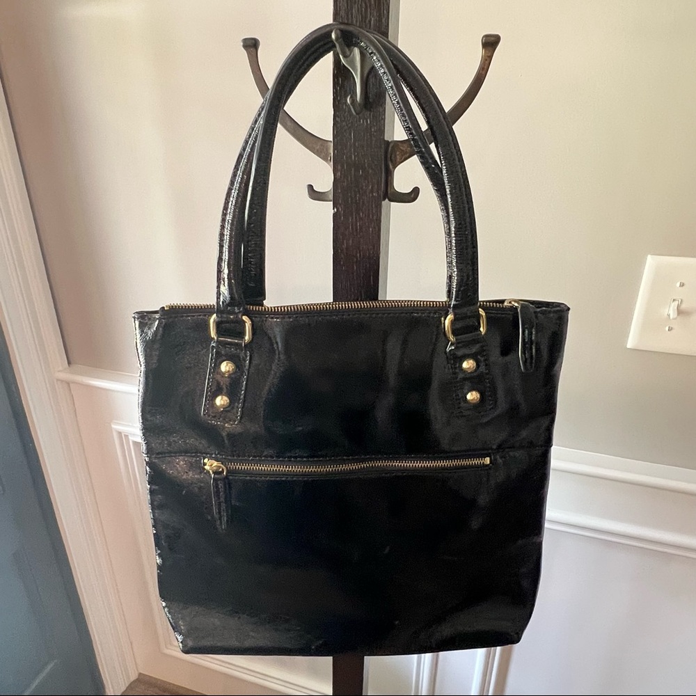 J. Crew Shoulder Bag, Black, Leather, Shiny, Fits a laptop, gold zippers